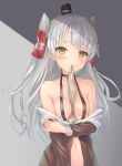  1girl amatsukaze_(kantai_collection) bangs bare_shoulders blush breasts choker covered_nipples eyebrows_visible_through_hair grey_background grey_hair hair_ornament hand_up highres holding holding_clothes kantai_collection long_hair looking_at_viewer mouth_hold navel parufeito sidelocks simple_background small_breasts solo yellow_eyes 