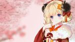  1girl ahoge bangs blonde_hair blurry blurry_background blush bow closed_mouth commentary_request curled_horns depth_of_field double_bun eyebrows_visible_through_hair fur_collar hair_between_eyes hair_bow hand_up highres hololive horns japanese_clothes kimono long_sleeves looking_at_viewer lunacats obi orange_kimono purple_eyes red_bow red_kimono sash sheep_horns smile solo tsunomaki_watame twitter_username wide_sleeves 