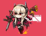  1girl artist_name assault_rifle blonde_hair chibi commission eyebrows_visible_through_hair fang girls_frontline gun hair_between_eyes headgear hepari highres holding holding_gun holding_weapon long_hair m4_carbine m4_sopmod_ii m4_sopmod_ii_(girls_frontline) megaphone mod3_(girls_frontline) multicolored_hair red_background red_eyes rifle ro635_(dinergate) running smile streaked_hair thighhighs weapon 