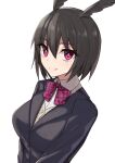  1girl bangs black_hair black_jacket blush bow bowtie breasts collared_shirt dress_shirt elfenlied22 fate/grand_order fate_(series) head_wings highres jacket large_breasts long_sleeves looking_at_viewer ortlinde_(fate/grand_order) red_eyes shirt short_hair smile valkyrie_(fate/grand_order) white_shirt 