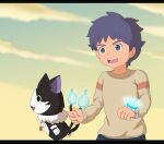  1960s_(style) 1boy animal_ears beige_sweater black_fur cat_ears cat_tail dark_blue_hair excited highres karasusyoui nekomata nekomata_(youkai_watch) retro_artstyle shin_shimomachi smile sweater tail talisman watch youkai youkai_watch youkai_watch_(object) 