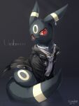  black_coat black_fur buttons character_name closed_mouth clothed_pokemon coat creature dated full_body gen_2_pokemon glowing glowing_eyes highres ivan_(ffxazq) looking_at_viewer no_humans pokemon pokemon_(creature) red_eyes signature smile umbreon zipper_pull_tab 