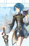  1boy bangs blue_hair blurry blurry_background book chinese_clothes closed_mouth cloud cloudy_sky day earrings eyebrows_visible_through_hair frilled_shirt_collar frilled_sleeves frills genshin_impact harbor highres holding holding_book holding_sword holding_weapon jacket jewelry long_sleeves looking_to_the_side male_focus mountain nyantiu open_book otoko_no_ko short_hair shorts single_earring sky solo sword tassel tassel_earrings vision_(genshin_impact) weapon xingqiu_(genshin_impact) yellow_eyes 