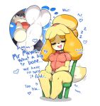  1boy 1girl animal_crossing barefoot blonde_hair bone chair character_request closed_eyes commentary dog_girl dog_tail drooling english_commentary english_text erection full_body furry highres isabelle_(animal_crossing) long_hair multicolored_hair open_mouth orange_hair red_shirt saliva sexually_suggestive shirt short_sleeves simple_background sitting slugbox sweat tail two-tone_hair white_background 