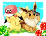  adjusting_clothes adjusting_eyewear adjusting_headwear animal_focus artist_name baseball_cap blue_background blue_oak blue_oak_(cosplay) blue_sky blush_stickers border brown_eyes closed_mouth clothed_pokemon cloud commentary cosplay day eevee flower full_body gen_1_pokemon hand_up happy hat looking_at_viewer no_humans one_eye_covered outdoors outline outside_border pawpads pikachu pokemon pokemon_(creature) pokemon_(game) pokemon_sm red_(pokemon) red_(pokemon)_(cosplay) red_flower red_headwear rorosuke shiny sitting sky smile standing sunglasses twitter_username white_border white_outline 