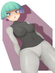 1girl :o alternate_breast_size arms_behind_back bangs blunt_bangs blush bodysuit breasts commentary_request covered_collarbone covered_navel covered_nipples eyelashes green_eyes green_hair grey_bodysuit highres looking_down open_mouth pokemon pokemon_(game) pokemon_dppt short_hair skin_tight solo team_galactic team_galactic_grunt tongue yashima105 