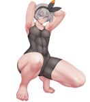  1girl abs arms_behind_head arms_up bangs barefoot bea_(pokemon) black_bodysuit black_hairband blue_eyes blush bodysuit bodysuit_under_clothes bow_hairband breasts closed_mouth collared_shirt covered_navel dark_skin dark_skinned_female feet grey_hair gym_leader hair_between_eyes hairband highres knee_pads long_hair looking_at_viewer muscular muscular_female pokemon pokemon_(game) pokemon_swsh ruton-niki shirt short_hair short_sleeves small_breasts squatting sweat thighs tied_shirt toned white_background white_shirt 