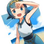  1girl bangs blue_eyes blue_hair blue_pants blue_sailor_collar blush bongnom cloud commentary day eyebrows_visible_through_hair freckles hairband highres lana_(pokemon) one-piece_swimsuit open_mouth outdoors pants pokemon pokemon_(game) pokemon_sm sailor_collar shirt shore short_hair sky sleeveless smile solo sweat swimsuit swimsuit_under_clothes teeth tongue trial_captain 