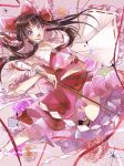  1girl absurdres ascot bangs bow brown_hair collarbone detached_sleeves eyebrows_visible_through_hair floating floating_hair flower hair_bow hakurei_reimu highres holding japanese_clothes long_hair looking_at_viewer miko miyui navel open_mouth parted_bangs purple_eyes red_bow red_neckwear red_skirt rose skirt solo touhou wide_sleeves 