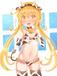  1girl absurdres animal_print bell bell_collar bikini blonde_hair breasts collar cow_horns cow_print cow_tail elbow_gloves gloves highres horns kantai_collection long_hair satsuki_(kantai_collection) small_breasts suzushiro_(gripen39) swimsuit tail thighhighs twintails yellow_eyes 