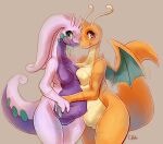  absurd_res anthro anthrofied breasts brown_body brown_eyes canadianbacon cute_face dragonite duo featureless_breasts female genitals goodra green_eyes hi_res nintendo nude pink_body pok&eacute;mon pok&eacute;mon_(species) pok&eacute;morph purple_body pussy slime smothering thick_tail thick_thighs video_games wide_hips yellow_body 