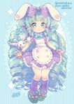  1girl :o animal animal_ears animal_slippers apron aruya_(flosrota) bangs blue_bow blush bow bunny bunny_ears bunny_slippers commission drill_hair eyebrows_visible_through_hair frilled_apron frilled_skirt frills full_body green_eyes green_footwear green_hair hair_bow kneehighs long_hair looking_at_viewer original parted_lips pleated_skirt puffy_short_sleeves puffy_sleeves purple_bow purple_legwear purple_skirt ribbed_legwear shirt short_sleeves sidelocks skeb_commission skirt slippers solo striped striped_background suspender_skirt suspenders vertical_stripes very_long_hair white_apron white_shirt wrist_cuffs 