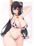  1girl ahoge animal_ears animal_print armpits arms_up azur_lane bangs bare_shoulders bell bell_choker bikini black_choker black_hair blush breasts choker cleavage collarbone commentary_request cow_ears cow_horns cow_print cowbell cowboy_shot crossed_bangs english_commentary eyebrows_visible_through_hair eyelashes fake_animal_ears fake_horns groin hair_between_eyes heavy_breathing horns kuavera large_breasts long_hair looking_at_viewer midriff navel parted_lips red_eyes sidelocks simple_background sitting skindentation smile solo string_bikini swimsuit taihou_(azur_lane) thick_thighs thighs underboob very_long_hair white_background 