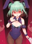  1girl 1other animal_ears arm_up black_legwear blue_leotard breasts bunny_ears bunny_girl cleavage_cutout cleaver clothing_cutout covered_navel double_bun empty_eyes green_hair groin hair_bun hand_on_own_chest hands hololive leotard looking_back mou_tama_maru nail_polish open_mouth pantyhose playboy_bunny pov red_eyes shaded_face short_hair skull_collar small_breasts smile thighs uruha_rushia virtual_youtuber wrist_cuffs yandere 