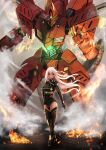  1girl absurdres boots breasts closed_mouth embers fire full_body glowing hand_on_hip hand_up highres huge_filesize large_breasts long_hair looking_at_viewer mecha original red_eyes robot standing tachibana_yuu_(shika) thigh_boots thighhighs white_hair 