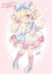  1girl animal apron aruya_(flosrota) bag bell blonde_hair blue_apron blue_bow blue_eyes blue_footwear blush bow cat closed_mouth collared_dress commission cutesu_(cutesuu) double_bun dress eyepatch feathered_wings frilled_dress frills full_body hair_bell hair_bow hair_ornament jingle_bell juliet_sleeves kneehighs loafers long_sleeves medical_eyepatch mini_wings original pink_dress pink_legwear puffy_sleeves ribbon-trimmed_dress shoes shoulder_bag skeb_commission sleeves_past_fingers sleeves_past_wrists smile solo sparkle striped striped_background vertical_stripes white_cat white_wings wide_sleeves wings 