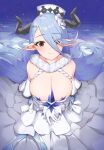  1girl absurdres blue_hair breasts brown_eyes cleavage draph dress gloves granblue_fantasy hair_over_one_eye hat highres hinataa horns ice_crystal izmir large_breasts long_dress long_hair pointy_ears smile very_long_hair white_gloves 