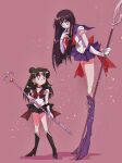  2girls bangs bishoujo_senshi_sailor_moon black_eyes black_hair black_skirt blue_skirt boots character_request elbow_gloves gloves gold_headband hair_bun high_heel_boots high_heels highres holding holding_lance holding_polearm holding_staff holding_weapon lance long_hair long_legs looking_down looking_up magical_girl multiple_girls open_mouth parted_bangs pink_background pochi_(askas_is_god) polearm red_eyes sailor_collar sailor_senshi_uniform skirt staff weapon white_gloves 