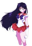  1girl absurdres bishoujo_senshi_sailor_moon black_eyes black_hair bow bright_pupils clenched_hands cropped_legs earrings elbow_gloves floating_hair gloves gold_headband hair_behind_ear highres hino_rei jewelry long_hair magical_girl pochi_(askas_is_god) purple_bow red_skirt sailor_collar sailor_mars sailor_senshi_uniform skirt solo star_(symbol) star_earrings white_gloves white_pupils 