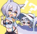  !? 2girls animal_ears arknights bangs bikini black_bikini black_shorts blush_stickers braid breasts cleavage commentary_request eyebrows_visible_through_hair grey_hair hair_between_eyes hand_up hat heart heart_in_mouth hip_vent long_hair marshmallow_mille medium_breasts multiple_girls open_mouth provence_(arknights) provence_(casual_vacation)_(arknights) red_eyes shirt short_sleeves shorts skadi_(arknights) skadi_(riding_waves)_(arknights) sun_hat sweat swimsuit tail translation_request twitter_username wavy_mouth white_headwear white_shirt yellow_background yellow_eyes 