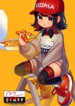  1girl absurdres bangs baseball_cap blush blush_stickers brown_eyes brown_hair chewing closed_mouth collared_shirt dress food full_body hair_ornament hairpin hat highres holding huge_filesize long_sleeves looking_at_viewer medium_hair moai_(more_e_4km) original pizza pizza-la pizza_slice red_footwear red_headwear red_shirt shiny shiny_clothes shiny_hair shiny_legwear shiny_skin shirt shoes sidelocks simple_background sitting sitting_on_object sneakers solo sweater sweater_dress swept_bangs thighhighs yellow_background 