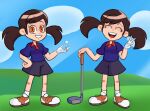  1girl :d ^_^ ball blue_background blue_sky brown_hair closed_eyes cloud collared_shirt day full_body gloves golf_ball golf_club golf_course grin hand_on_hip happy holding mario_(series) mario_golf multiple_views open_mouth orange_eyes outdoors polo_shirt purple_shirt purple_shorts roxlyn166 shiny shiny_hair shirt shoes short_shorts short_sleeves shorts single_glove sky smile socks standing twintails upper_teeth v white_gloves white_legwear 