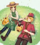  1boy 1girl animal apron artist_name belt blonde_hair boots brown_footwear brown_hair button_eyes cat closed_mouth collared_shirt dog emma_woods flower freckles gloves grass green_eyes hajime_(gitoriokawaii) hat holding lying on_back on_ground orange_eyes red_headwear shirt short_hair smile stitched_mouth stitches twitter_username victor_grantz white_gloves white_shirt 