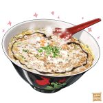  artist_name bird bowl chicken commentary_typo egg fish flower food food_focus hard-boiled_egg highres nanashi_(freshman) no_humans original porridge rice simple_background soup spoon steam 