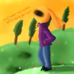  1:1 anthro blurred_background clothing fan_character flower fur hill jacket male orange_body orange_fur plant purple_clothing solo sunset topwear tree wind ylf 