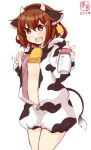  1girl alternate_costume animal_costume animal_ears animal_hood artist_logo baby_bottle bell bottle brown_eyes brown_hair commentary_request cow_costume cow_ears cow_horns cowbell cowboy_shot dated ear_tag fake_animal_ears fake_horns fang flat_chest hair_ornament hairclip highres hood horns ikazuchi_(kantai_collection) kanon_(kurogane_knights) kantai_collection no_bra open_clothes short_hair simple_background solo white_background 