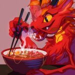  1:1 ambiguous_gender anthro asian_mythology barbel_(anatomy) chest_tuft chopsticks claws dragon east_asian_mythology eastern_dragon eating eyelashes fivel food fur furred_dragon horn mythology noodles open_mouth ramen red_body red_fur sharp_teeth simple_background smile solo steam teeth tuft yellow_eyes 