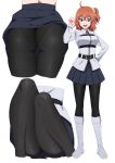  1girl absurdres ahoge ass belt black_legwear boots buckle chaldea_uniform clenched_hand command_spell eyebrows_visible_through_hair fate/grand_order fate_(series) fujimaru_ritsuka_(female) hair_ornament hair_scrunchie hand_on_hip highres huge_filesize long_sleeves looking_at_viewer medium_hair one_side_up open_mouth orange_eyes orange_hair panties panties_under_pantyhose pantyhose pleated_skirt scrunchie side_ponytail simple_background sitting skirt skirt_lift smile teeth thigh_gap thighs uma_j underwear white_background white_footwear 