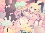  1girl animal_ears aruya_(flosrota) bangs bare_shoulders black_panties blonde_hair blue_eyes bow breasts bunny_ears cleavage closed_mouth commission eyebrows_visible_through_hair fishnet_legwear fishnets garter_straps hair_between_eyes hand_up heart heart-shaped_pupils heart_pillow large_breasts long_hair looking_at_viewer lying navel on_back original panties pillow pink_lips red_bow skeb_commission smile solo sparkle stuffed_animal stuffed_bunny stuffed_toy symbol-shaped_pupils thighhighs underwear very_long_hair 