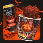  artist_name bat bat_wings black_background can chili chili_pepper chopsticks cup_noodle cup_ramen drink english_text fire food food_focus gradient gradient_background highres le_delicatessen no_humans noodles original red_background simple_background sparkle wings 