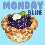  blue_background blueberry blueberry_tart cream dessert english_text food food_focus fruit fruit_tart le_delicatessen leaf monday no_humans original pastry ribbon simple_background sparkle still_life tart_(food) 