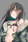  1girl asashio_(kantai_collection) bikini black_hair breasts closed_mouth comah commentary_request front-tie_bikini front-tie_top fur-trimmed_jacket fur_trim green_eyes grey_background grey_jacket jacket kantai_collection long_hair looking_at_viewer navel off_shoulder open_clothes open_jacket simple_background small_breasts solo striped striped_bikini swimsuit upper_body 