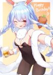  1girl animal_ear_fluff animal_ears arm_up bare_shoulders black_legwear black_leotard blue_hair braid breasts bunny_ears bunny_tail carrot cleavage covered_navel cup don-chan_(usada_pekora) drinking_glass food_themed_hair_ornament fur_scarf hair_ornament happy_birthday highres hololive leotard long_hair mou_tama_maru multicolored_hair one_eye_closed open_mouth orange_background outstretched_arm pantyhose playboy_bunny rabbit_girl red_eyes scarf simple_background small_breasts smile solo strapless strapless_leotard tail twin_braids twintails two-tone_hair usada_pekora virtual_youtuber white_hair white_scarf wrist_cuffs 