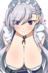  1girl azur_lane bare_shoulders belfast_(azur_lane) braid breast_hold breasts broken broken_chain chain cleavage collarbone commentary_request eyebrows_visible_through_hair eyelashes eyes_visible_through_hair french_braid grey_hair hair_between_eyes heart huge_breasts koutarou_(plusdrive) long_hair looking_at_viewer maid maid_headdress mature_female older purple_eyes sagging_breasts shiny shiny_skin simple_background solo upper_body white_background 