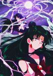  1990s_(style) 1girl bangs bishoujo_senshi_sailor_moon black_hair bow breasts cleavage earrings elbow_gloves gloves glowing gold_headband green_hair hair_bun jewelry long_hair looking_at_viewer magical_girl meiou_setsuna multiple_views parted_bangs pochi_(askas_is_god) purple_eyes red_bow sailor_collar sailor_pluto white_gloves 