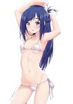  1girl armpits arms_behind_head arms_up bikini blue_eyes blue_hair breasts collarbone commentary_request dokidoki!_precure eyebrows_visible_through_hair highres hishikawa_rikka kazuma_muramasa long_hair looking_at_viewer micro_bikini navel precure side-tie_bikini signature simple_background small_breasts solo standing stomach swimsuit thighs white_background white_bikini 