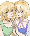  2girls blonde_hair bracelet breasts cagalli_yula_athha choker cleavage collarbone gundam gundam_seed gundam_seed_destiny hair_between_eyes holding_hands jewelry look-alike looking_at_viewer multiple_girls nekkikamille purple_eyes short_hair sketch stellar_loussier white_background yellow_eyes 