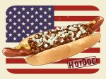  american_flag bread bread_bun cheese chili chili_dog english_text flag food food_focus hot_dog le_delicatessen meat mustard no_humans onion original sausage simple_background sparkle still_life white_background 