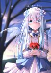  1girl anemone_(flower) aoi_thomas bangs bare_tree blue_bow blue_wings blurry blurry_background blush bow capelet closed_mouth collared_shirt commentary_request crying crying_with_eyes_open depth_of_field dress_shirt eyebrows_visible_through_hair flower hair_between_eyes highres holding holding_flower ice ice_wings looking_at_viewer original outdoors pleated_skirt red_flower shirt skirt smile solo tears transparent_wings tree white_capelet white_hair white_shirt white_skirt wings 