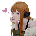  1girl bangs bare_shoulders blunt_bangs closed_mouth collarbone commentary dongho_kang fur-trimmed_jacket fur_trim green_jacket hand_on_own_chin head_rest headphones heart jacket long_hair long_sleeves looking_at_viewer lowres off_shoulder orange_hair pale_skin persona persona_5 pink_eyes sakura_futaba simple_background solo tank_top upper_body white_background 