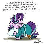  bobthedalek clothing dialogue english_text equid equine female friendship_is_magic hair hasbro hi_res horn mammal messy_hair my_little_pony pillow purple_hair robe slippers solo starlight_glimmer_(mlp) text tired unicorn 