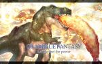  absurdres biting copyright_name dinosaur english_text fangs granblue_fantasy highres letterboxed no_humans oil prawn silly_(marinkomoe) tyrannosaurus_rex 