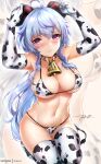  1girl ahoge animal_print arms_up bangs bare_shoulders bell black_bodysuit blue_hair blush bodysuit breasts closed_mouth cow_print cowbell elbow_gloves ganyu_(genshin_impact) genshin_impact gloves goat_horns horns large_breasts long_hair looking_at_viewer navel purple_eyes rei_kun sidelocks signature thighhighs thighs white_gloves white_legwear 