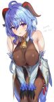  1452697582 1girl ahoge bare_shoulders bell blue_hair blush bodysuit_under_clothes breasts covered_nipples cowbell dated ganyu_(genshin_impact) genshin_impact gloves highres horns icons large_breasts leaning_forward long_hair looking_at_viewer parted_lips purple_eyes sideboob simple_background skin_tight white_background 
