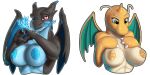  2:1 absurd_res alpha_channel anthro areola big_breasts breasts bust_portrait dragonite duo female fire gesture hand_heart hi_res mega_charizard mega_charizard_x mega_evolution membrane_(anatomy) membranous_wings nintendo nipples one_eye_closed pok&eacute;mon pok&eacute;mon_(species) portrait simple_background smile transparent_background video_games wings wink xanthor 