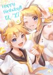  1boy 1girl :d bangs black_sailor_collar black_sleeves blonde_hair blue_eyes bow brother_and_sister collared_shirt crop_top detached_sleeves grin hair_bow hair_ornament hairclip happy_birthday headphones kagamine_len kagamine_rin looking_at_viewer midriff nanase_(nns_6077) navel neckerchief necktie one_eye_closed open_mouth sailor_collar sailor_collar_lift sailor_shirt shiny shiny_hair shirt short_hair short_sleeves siblings sleeveless sleeveless_shirt smile stomach swept_bangs vocaloid white_bow white_shirt yellow_neckwear 
